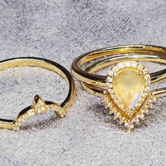 14K Yellow Gold Triple Moonstone Alexandrite CZ Ring Set Sz 9 - Picture 4 of 10